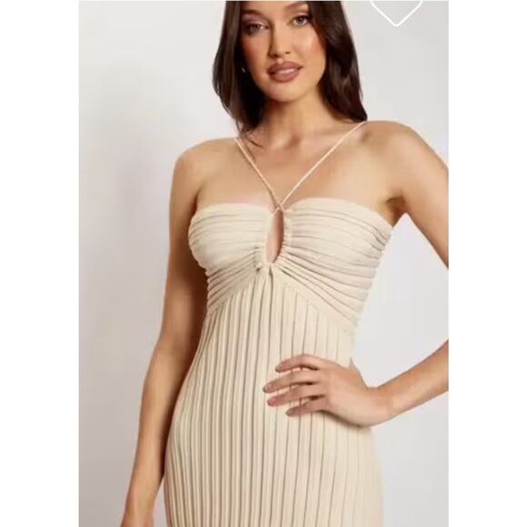 Meshki Lori Ruched Front Ribbed Knit Midi Dress Open Back Tan Small New Ac21 - Picture 3 of 11